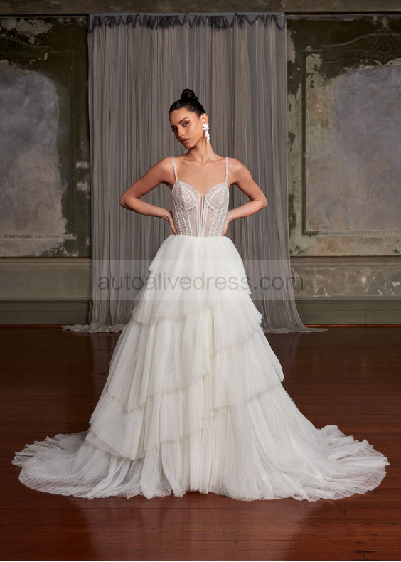 Beaded Ivory Lace Pleated Tulle Layered Chic Wedding Dress